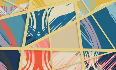 Abstract collage asymmetric pattern. Digital freehand art, grunge texture. Vector patchwork quilt background. Decorative elements, brush strokes ornament for flyer, poster, cover, textile fabric print