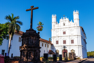 Fototapeta na wymiar Facade of Catholic Church of St. Francis of Assisi in Goa Velha, Goa, India, Asia