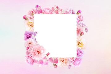 beautiful pink roses flower frame with square white blank paper for invitation wedding, valentine card