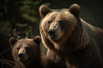 Fototapeta premium Fierce and protective mother bear with her cubs created with AI