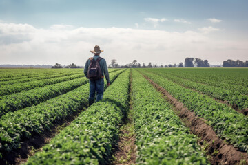 Farmer tending to their crops in a large field created with AI - obrazy, fototapety, plakaty