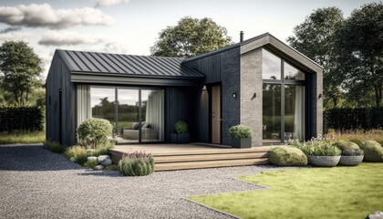 Fototapeta na wymiar Modern Scandinavian Stone House with Single-Storey Design