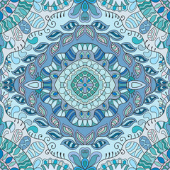 Hand drawn seamless graphic pattern, colorful artistic background with floral and geometric elements. Doodle ethnic mandala ornament for textile fabric, paper print. Surface texture 