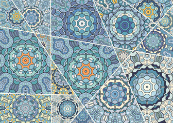 Vector patchwork quilt pattern. Vintage decorative collage. Hand drawn background. Indian, Arabic, Turkish motifs for printing on fabric or paper. Abstract colorful doodle pattern in mosaic style