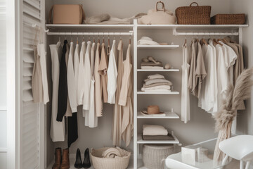 Fresh and organized closet, with clean lines, minimalist colors, and neatly arranged clothes and accessories created with AI
