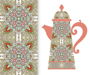 Teapot with decorative ornament and vertical floral geometric seamless pattern, hand drawn repeating texture for Wedding, Bridal, Valentine's day or Birthday Invitations. Fabric or paper print