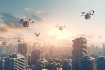Fototapeta na wymiar Delivery drones buzzing through the sky, delivering packages to various locations created with AI