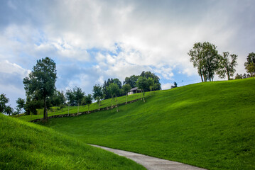 Fototapeta na wymiar Green hills and farm buildings near the Buergenstock in the countryside of Lucerne in Switzerland