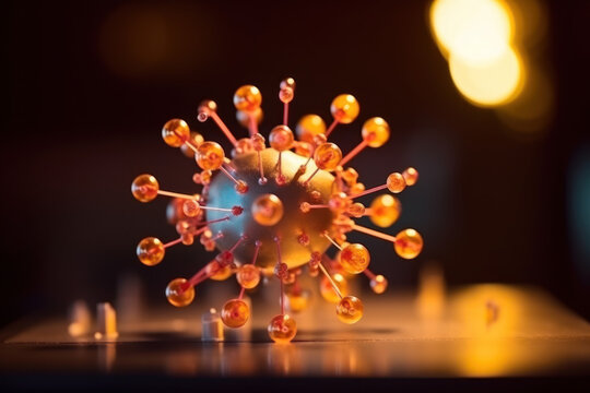 Maquette d'un atome avec noyau et &eacute;lectrons, prise de vue macro en gros plan d&eacute;taill&eacute;e de la structure