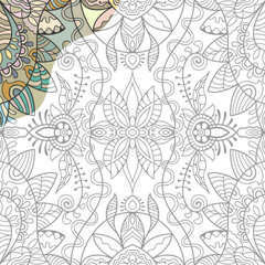 Decorative doodle pattern for coloring book. Hand drawn fantasy line art, floral geometric ornament for painting, coloring page. Tribal ethnic decoration. Black and white with sample of colors