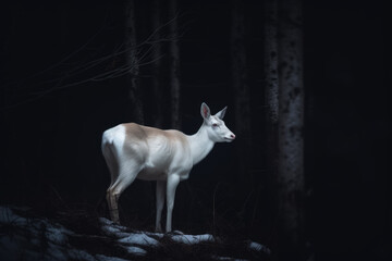Naklejka na ściany i meble White deer in dark forest at night