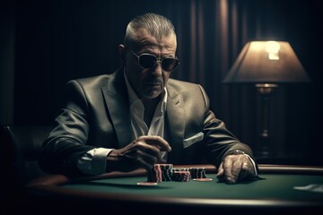 Mafia Boss playing Poker, Dark Room