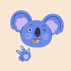 Cute koala head portrait. Funny Australian bear winking, showing tongue, gesturing with paw. Lovely amusing adorable fluffy animal character. Childish kids isolated flat vector illustration