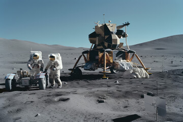 Group of astronauts performing scientific experiments or conducting repairs outside their lunar lander created with AI