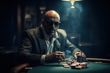 Mafia Boss playing Poker, Dark Room and Smoke  - obrazy, fototapety, plakaty