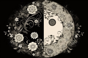 Yin Yang Sign with floral motifs as meditative spiritual background