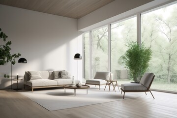 White minimalist living room interior with sofa on a wooden floor, decor on a large wall, white landscape in window. Home Nordic interior | Scandinavian interior poster mock up,Generative AI