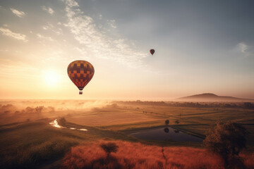 Hot air balloon over a beautiful landscape during sunrise created with AI