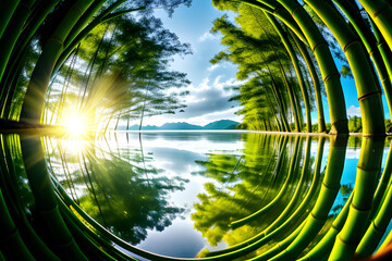 Reflet dans l'eau d'une forêt de bambou ensoleillée,atmosphère zen,IA générative.