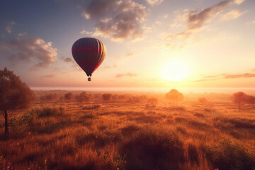 Obraz premium Hot air balloon over a beautiful landscape during sunrise created with AI