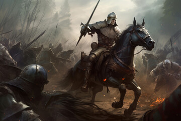 Knight in full armor charging towards a group of enemy soldiers on horseback created with AI