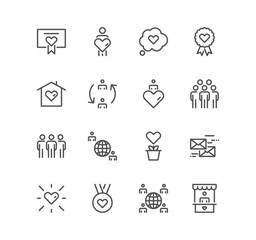 Set of volunteering icons, donations, teamwork, participation, welfare and linear variety vectors.