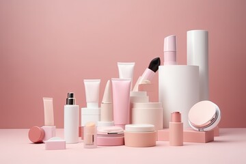 cosmetics and makeup products arranged on a pink background. Generative AI