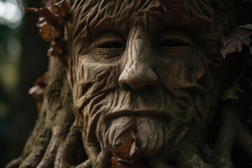 Face detail of ancient tree creature with roots and leaves growing from head