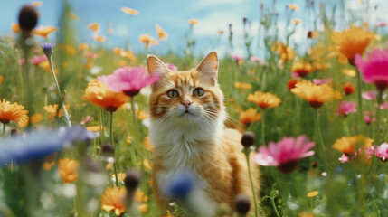 cat in the meadow - obrazy, fototapety, plakaty