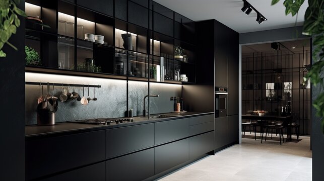 Modern kitchen with shiny furniture and colorful glass cabinets with a tasteful interior