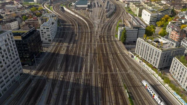 sunny day zurich city center traffic railways aerial panorama 4k timelapse switzerland 