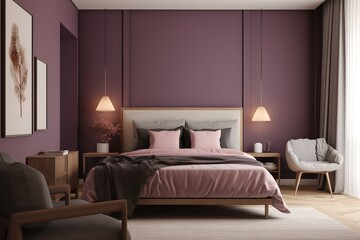 Fototapeta na wymiar Interior of beautiful modern bedroom | bedroom with bed in front of the wall, 3d render | Loft and modern bedroom | Nordic style bedroom | Stylish bedroom interior in trendy, Generative AI