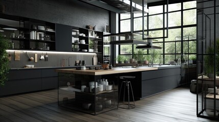 Fototapeta na wymiar Modern kitchen with shiny furniture and colorful glass cabinets with a tasteful interior