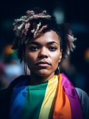 Fototapeta premium Dark skin person confidently wearing the rainbow flag, a symbol of LGBT pride and acceptance, AI-generated