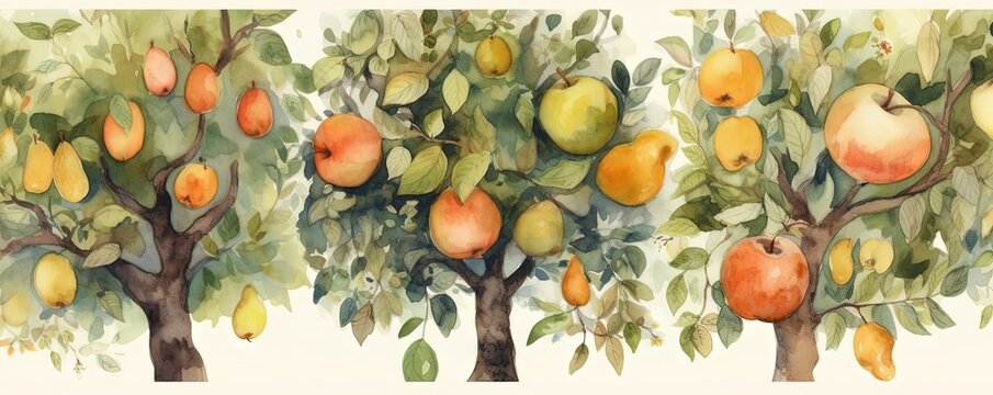 Fruity Delight  Watercolor Orchard Illustration, Generative AI