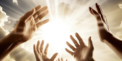 Human hands in hope stretch to heaven. Generative ai.
