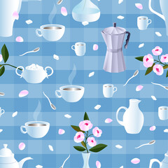 Coffee pot, cups, spoons, flowers, sugar. Seamless pattern. Vector illustration. 