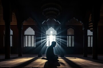 Islamic believer in the temple In the rays of the sun. Generative ai.
