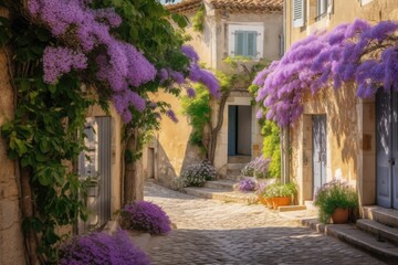 Fototapeta na wymiar Purple flowers on the street of the ancient city. Generative ai.