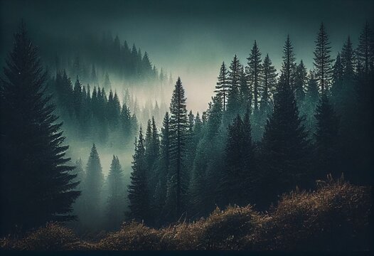 Vintage misty forest landscape with fir trees. Generative AI