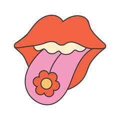 Retro groovy hippie 70s sticker. Lips sticker in trendy retro psychedelic cartoon style.