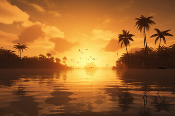 Obraz na płótnie Canvas Tropical paradise with palm trees during sunset created with AI