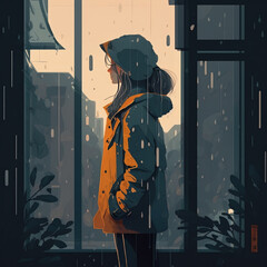 Lonely girl stay in rain next with window flat illustration. Concept for RAINN Day: the fight against sexual violence. Generative AI