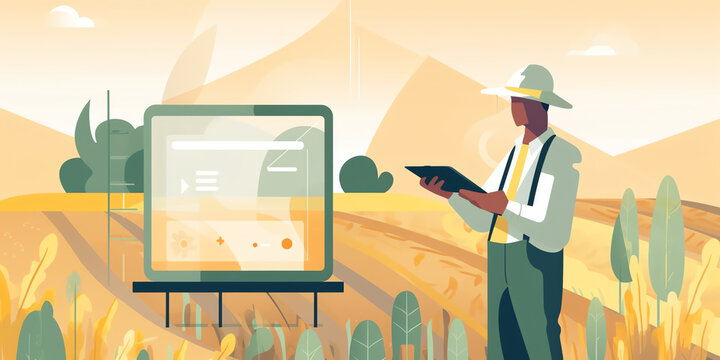 Precision Farming: A modern flat-style illustration of a farmer using a tablet to analyze data about their crops, with a focus on the technology aspect of smart farming. Generative AI.