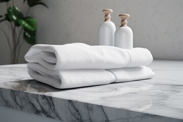 Fototapeta na wymiar stacked white towels on a sleek marble countertop in a modern bathroom. Generative AI