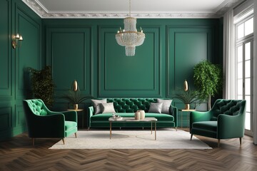 Home interior background, cosy green bedroom with big bed and armchair, modern style | Modern contemporary loft bedroom, Generative AI