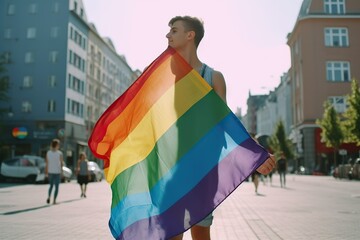 Cheerful young transgender woman walking down the street, holding a rainbow flag. Gay pride, celebration, freedom and lgtbq+ concept.Image generated with AI