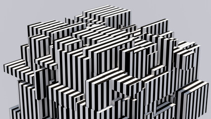 Black and white striped blocks. Abstract illustration, 3d render.