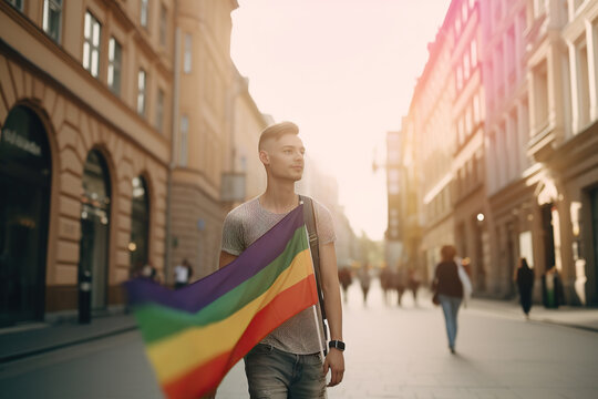 Cheerful young transgender woman walking down the street, holding a rainbow flag. Gay pride, celebration, freedom and lgtbq+ concept. Image generated with AI