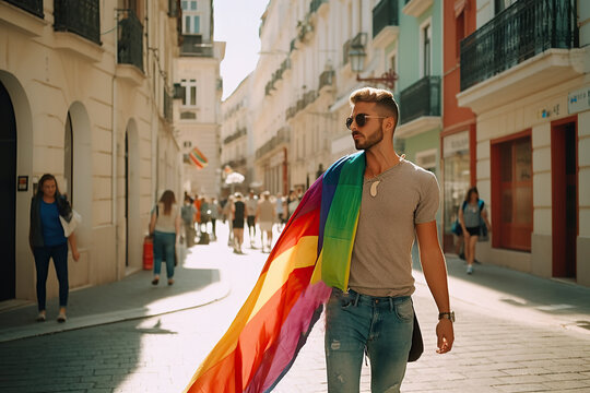 Cheerful young transgender woman walking down the street, holding a rainbow flag. Gay pride, celebration, freedom and lgtbq+ concept. Image generated with AI